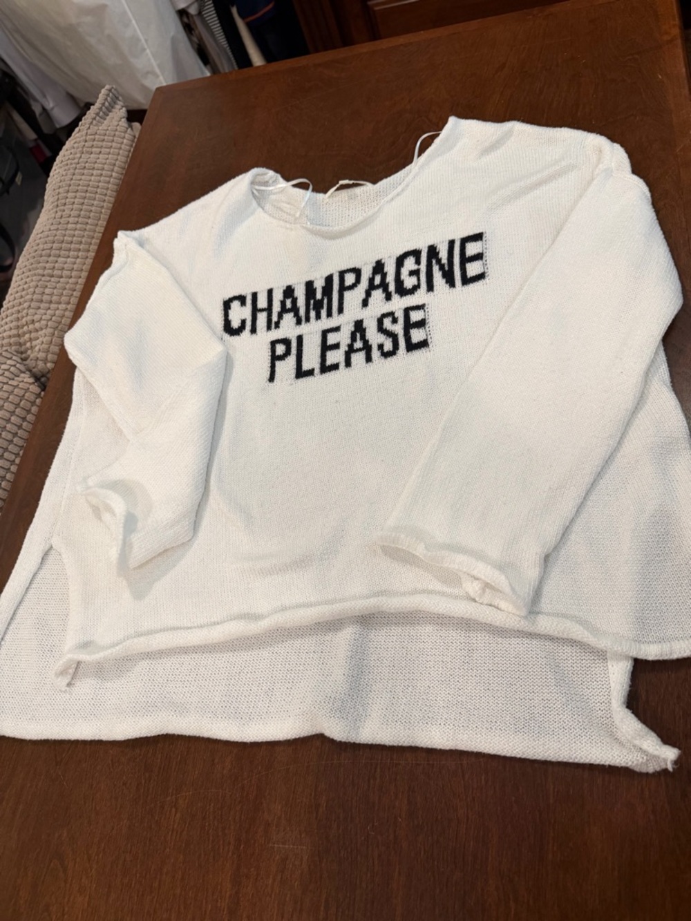 Miracle White Sweater with Black "CHAMPAGNE PLEASE" Text